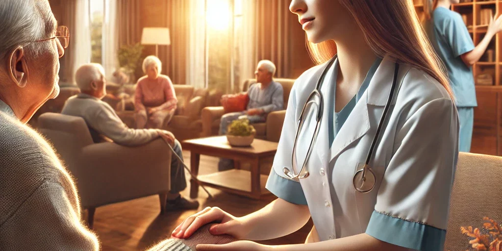 cuidados paliativos en ancianos Una profesional de la salud sostiene la mano de una residente mayor en una residencia de ancianos, mostrando un entorno cálido y acogedor durante los cuidados paliativos.