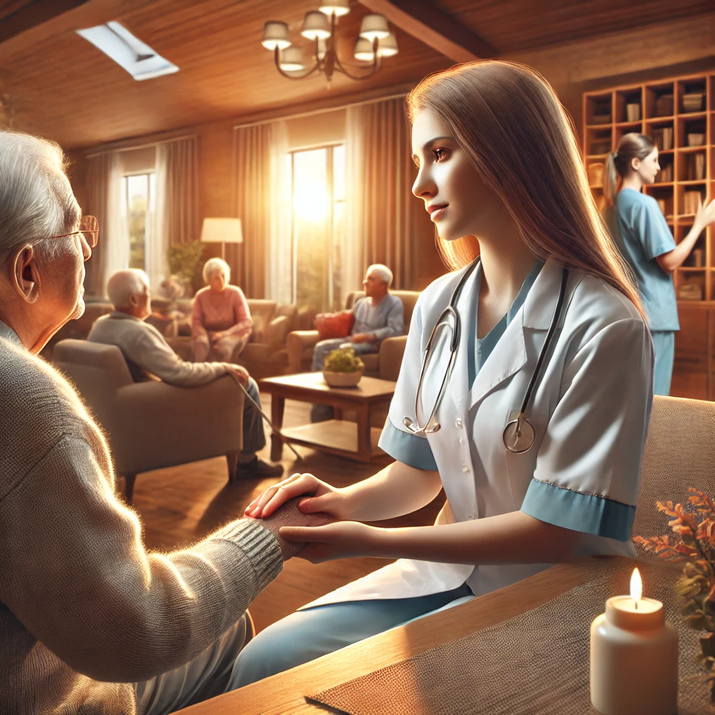 cuidados paliativos en ancianos Una profesional de la salud sostiene la mano de una residente mayor en una residencia de ancianos, mostrando un entorno cálido y acogedor durante los cuidados paliativos.