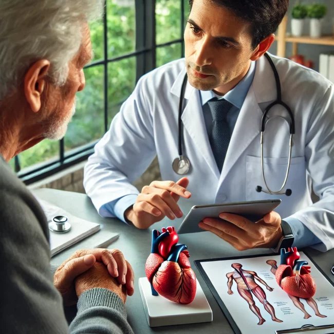 Doctor y paciente anciano discuten sobre insuficiencia cardiaca en consulta