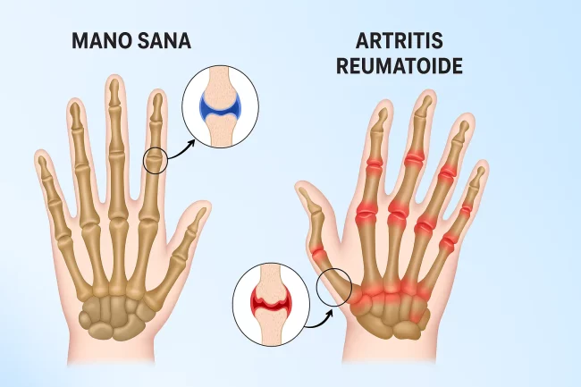 mano con artritis reumatoide y mano sano