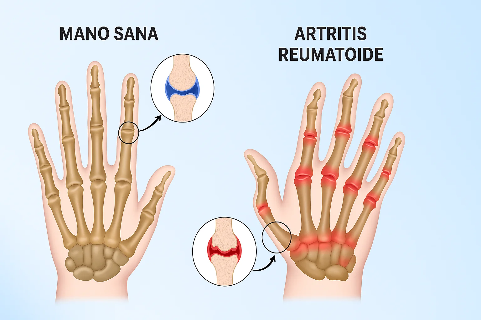 mano con artritis reumatoide y mano sano