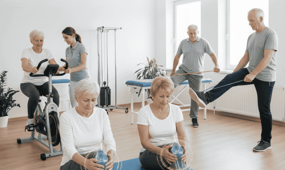 Grupo Ciudad Jardín | Aliviar el dolor por artrosis de rodilla en la tercera edad Ejercicio de fisioterapia para personas mayores